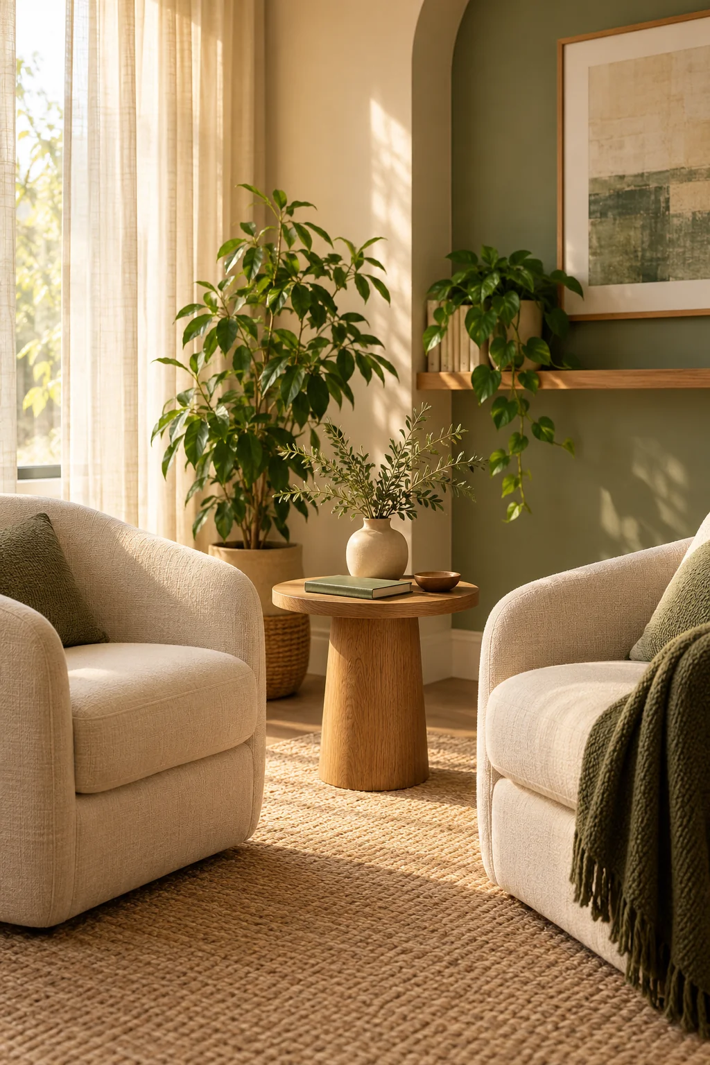 Ambiente ilustrativo acolhedor, com poltronas claras, plantas e luz natural.