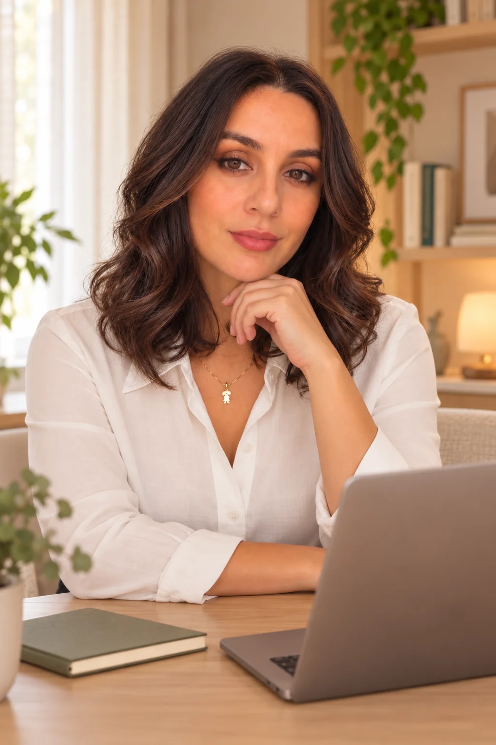 Retrato de Andressa Mota Moreira em uma mesa com notebook, em cenário ilustrativo.